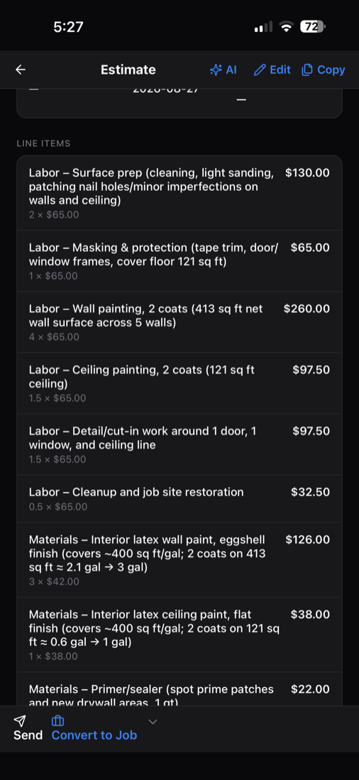 Painting estimate line items on a phone: surface prep, masking, wall and ceiling painting labor, and paint materials priced per gallon