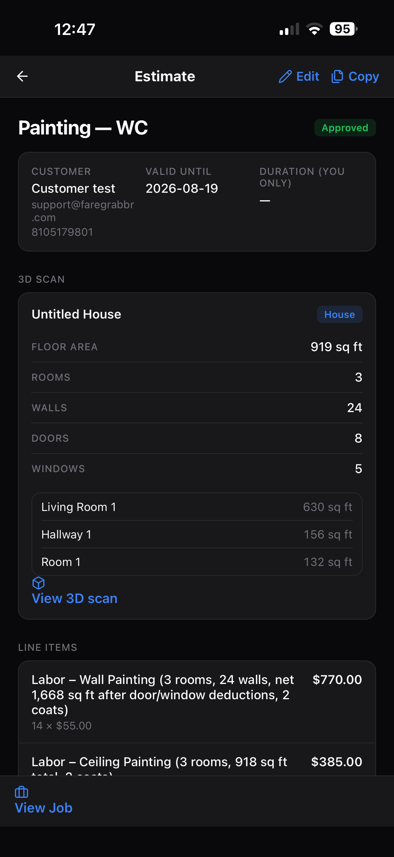 Trusso mobile painting estimate built from a 3D house scan showing 919 sq ft floor area, 24 walls, 8 doors, 5 windows and per-room breakdowns