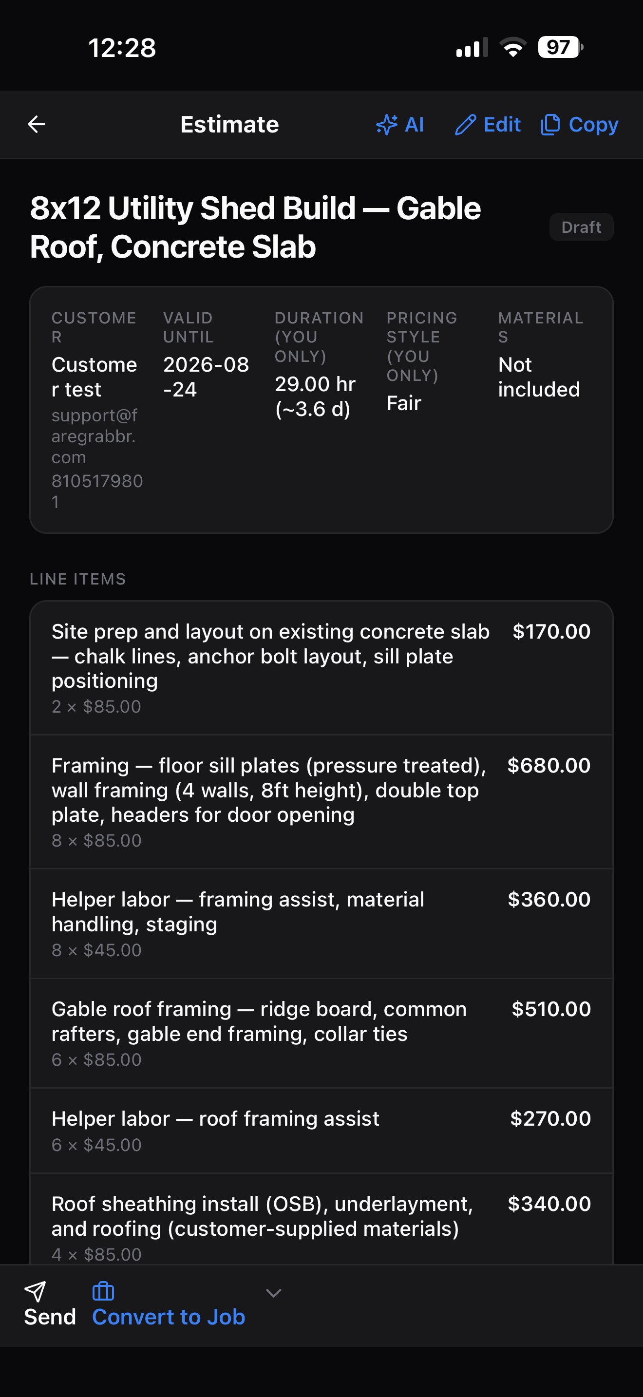 Trusso mobile AI estimate for an 8x12 utility shed build with detailed labor line items and Send / Convert to Job actions