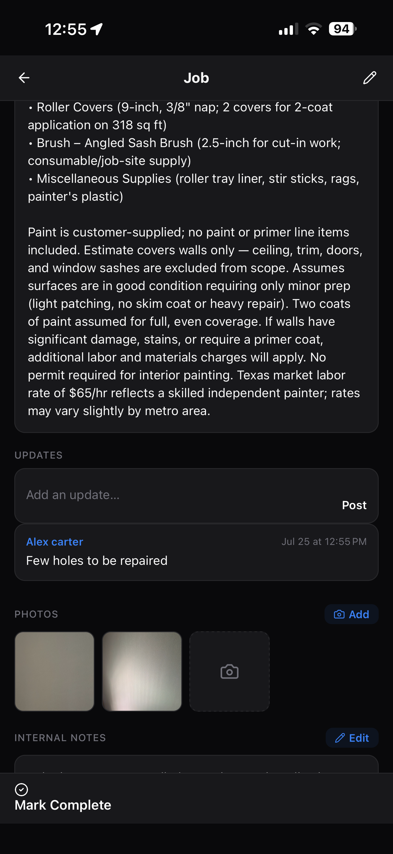 Trusso mobile job detail showing scope notes, a crew update, job photos and a Mark Complete action