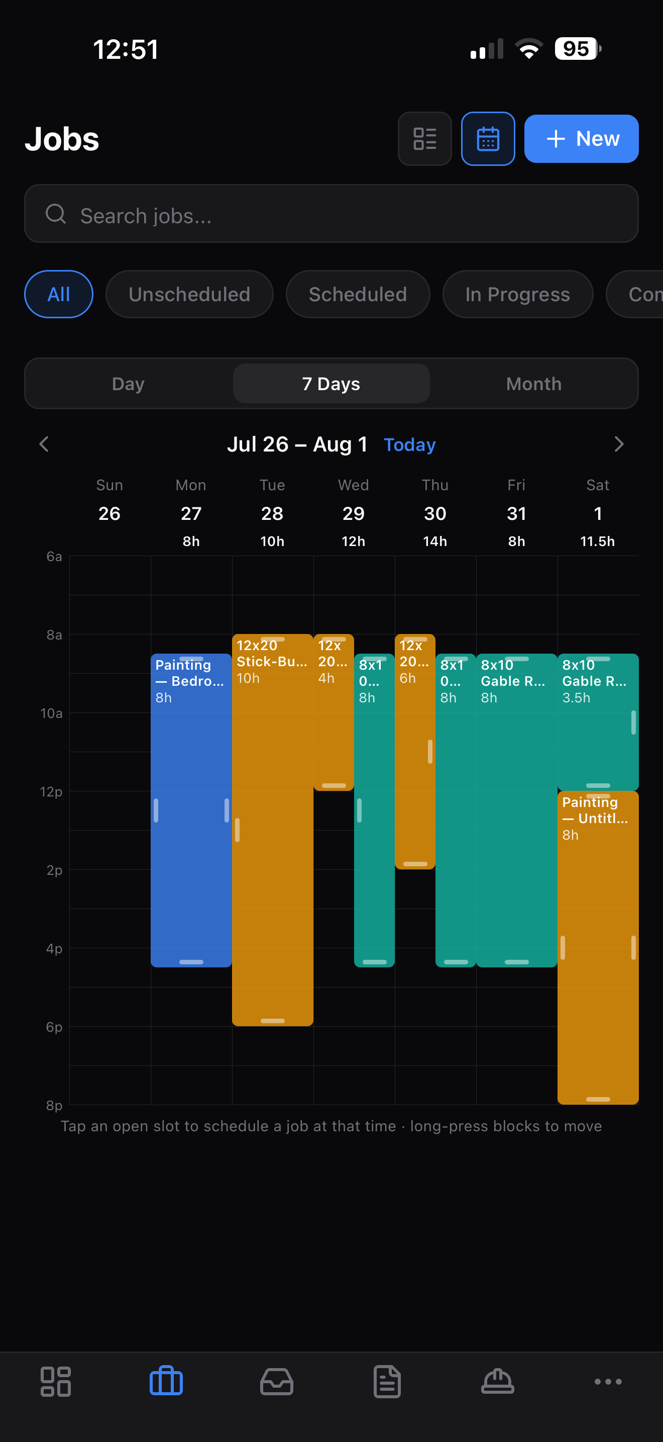 Trusso mobile 7-day job calendar showing color-coded scheduled jobs with daily hour totals