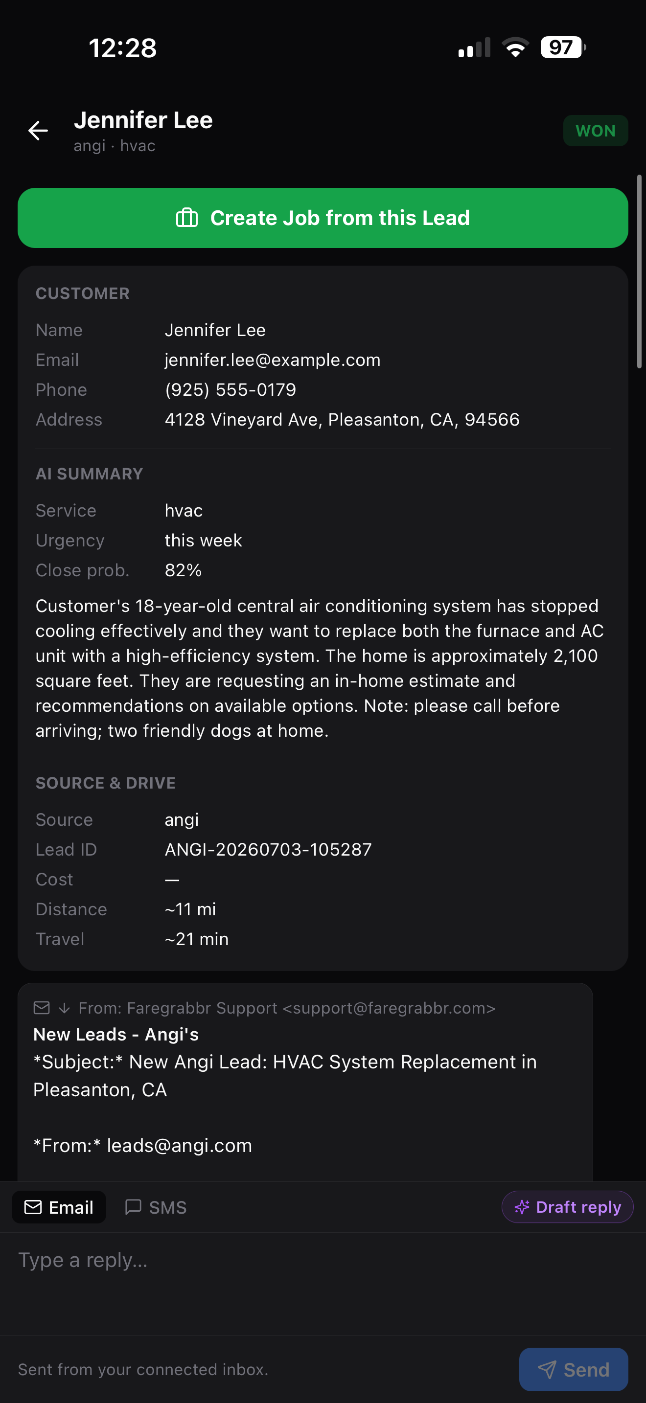 Trusso mobile lead detail showing an HVAC lead from Angi with AI summary, close probability, and a Create Job button