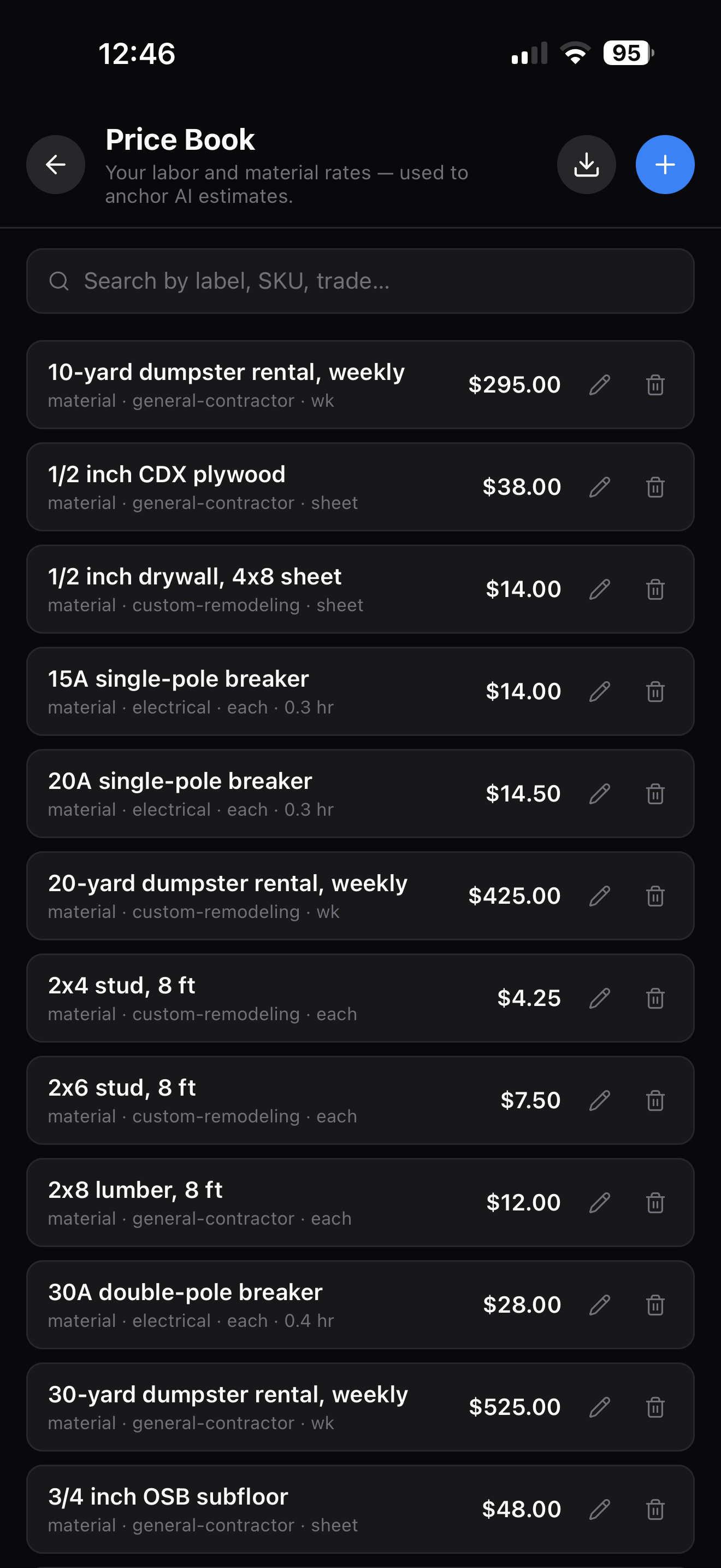 Trusso mobile price book listing material rates like drywall sheets, breakers and dumpster rentals with per-unit prices