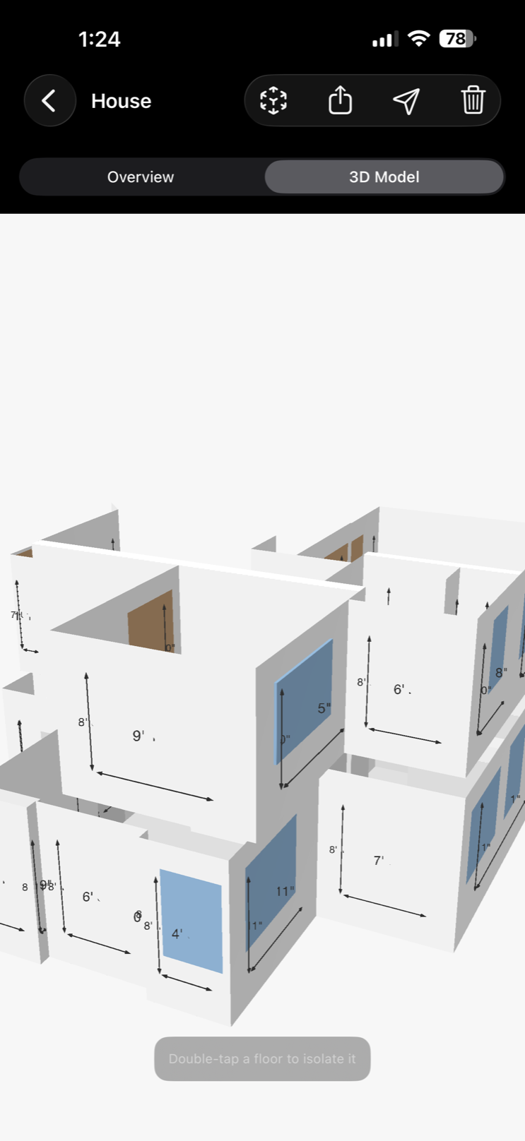 Two-story dollhouse view of a scanned home in Scanstead showing windows and wall heights