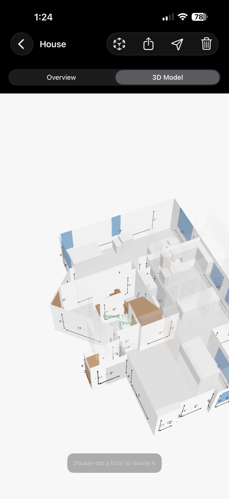 Whole-house 3D model in Scanstead with labeled rooms, stairways and dimensions